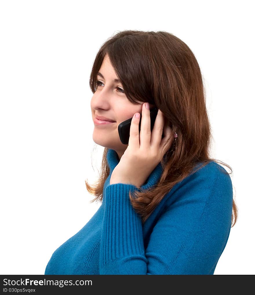 The girl with the phone on a white background