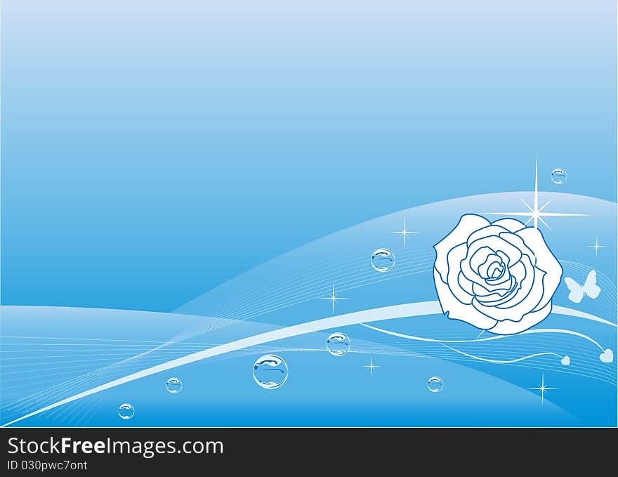 Clear blue wave background with rose, stars and glowing bubbles. Clear blue wave background with rose, stars and glowing bubbles.