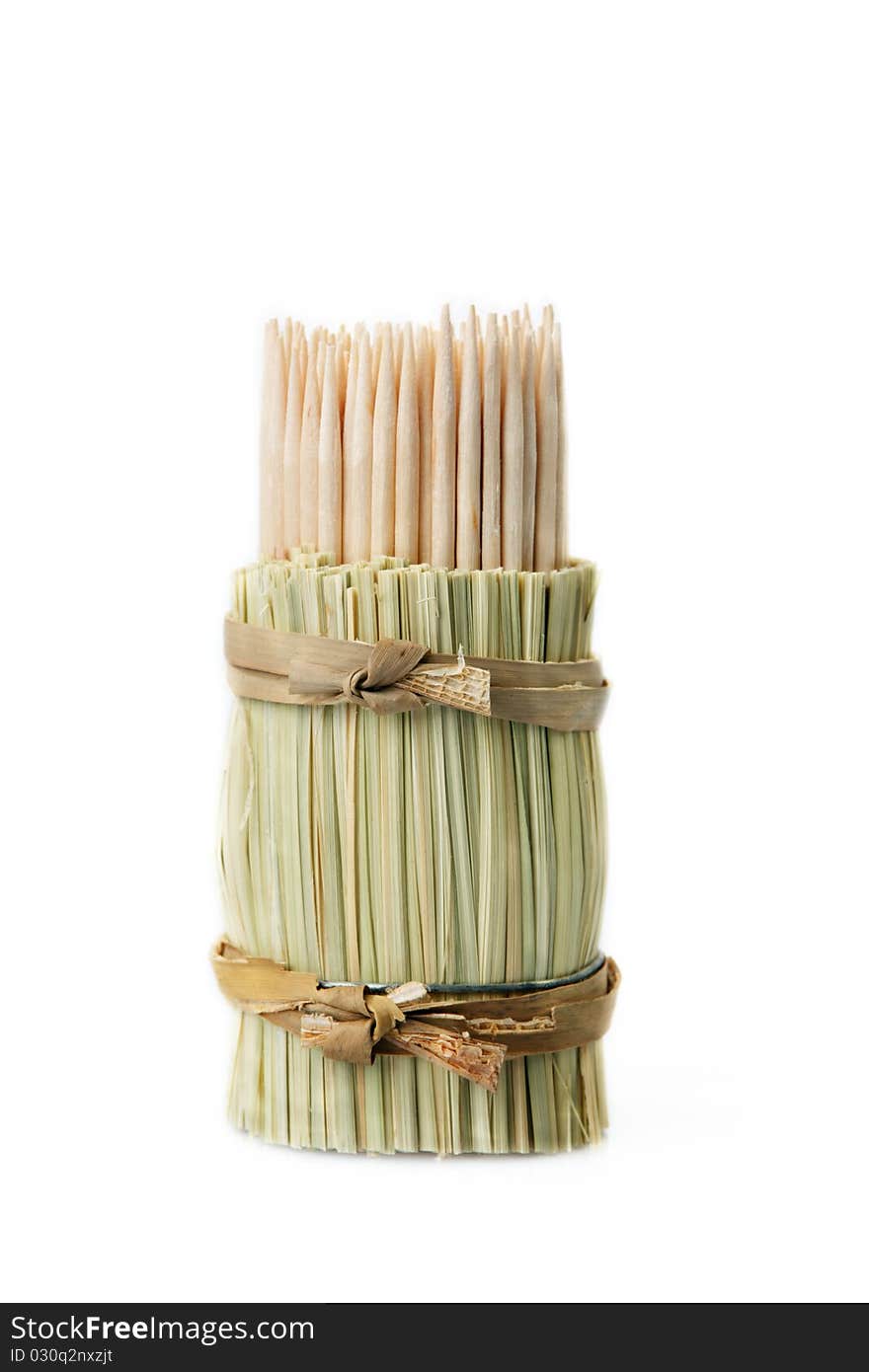 Wooden toothpicks on a white background