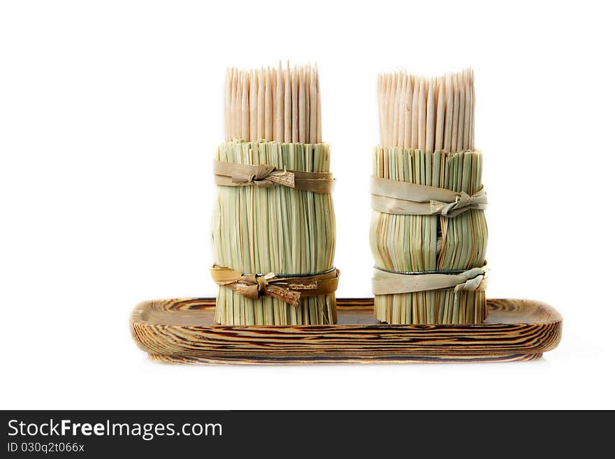 Wooden toothpicks on a white background