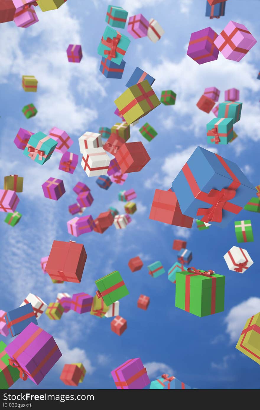 3d image of lots of colorful gift boxes flying in the air