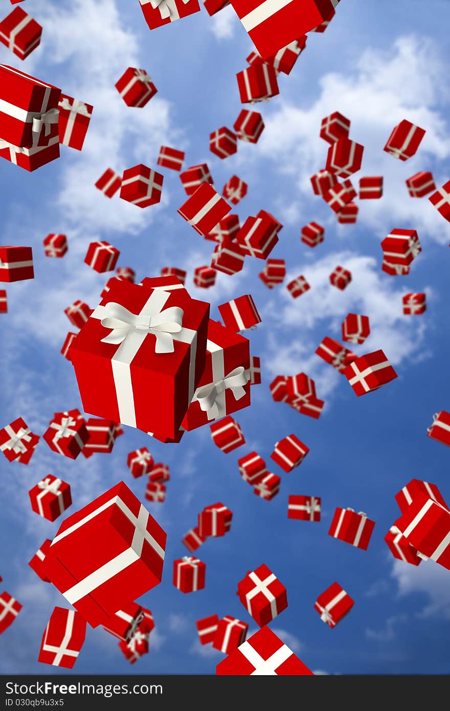 3d image of lots of red gift boxes flying in the air