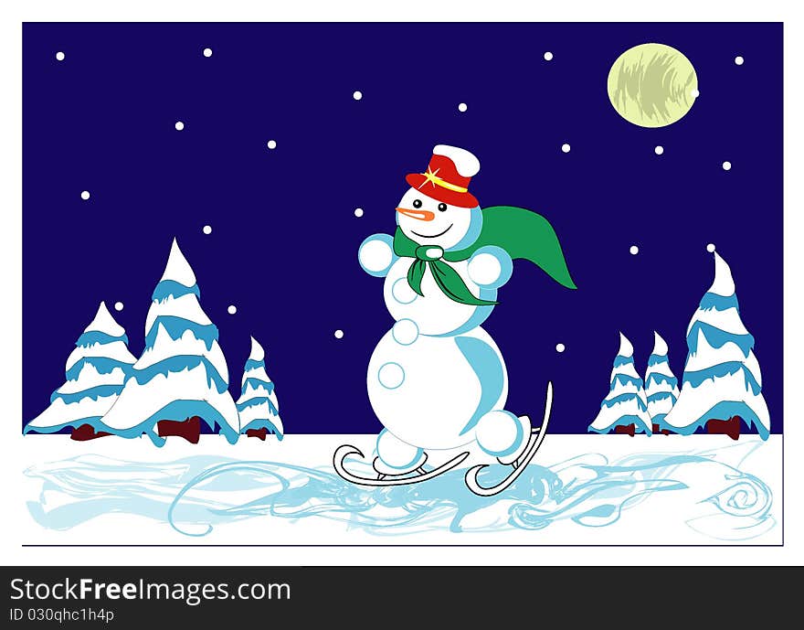 Vector illustration. The snowman skatings on lake at night. Vector illustration. The snowman skatings on lake at night