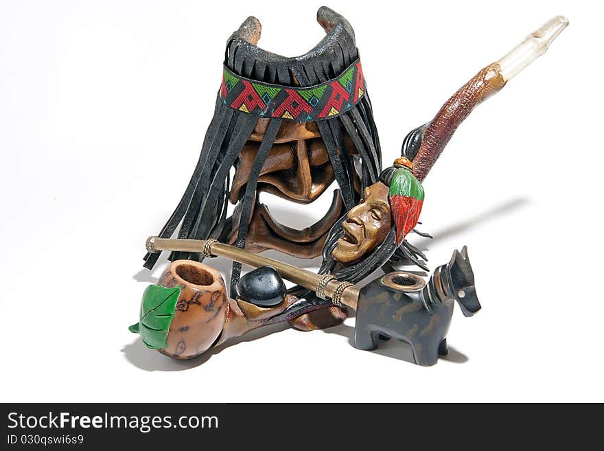 American indian toy mask of  and peace rods. American indian toy mask of  and peace rods