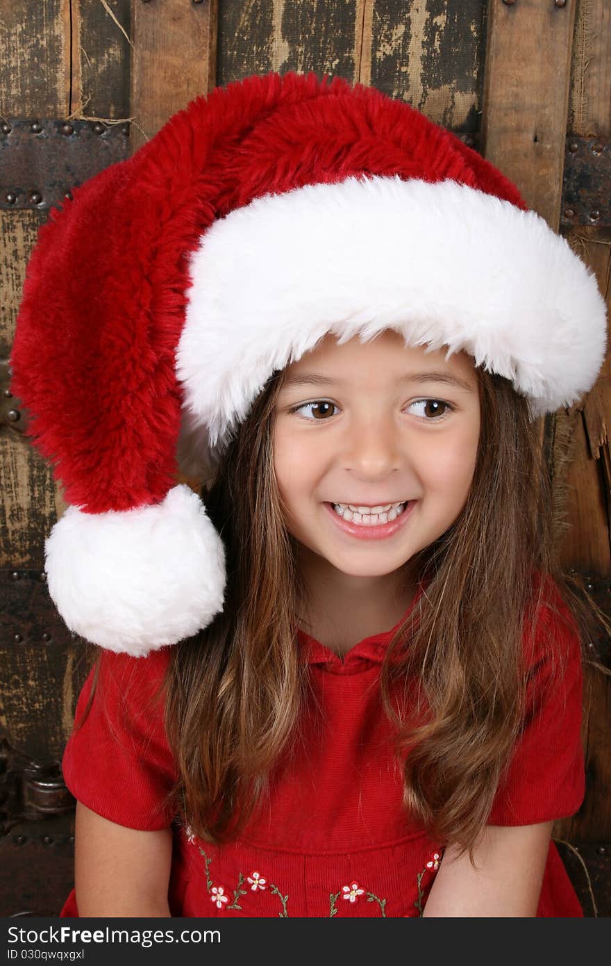 Beautiful brunette girl wearing a christmas hat and red dress. Beautiful brunette girl wearing a christmas hat and red dress