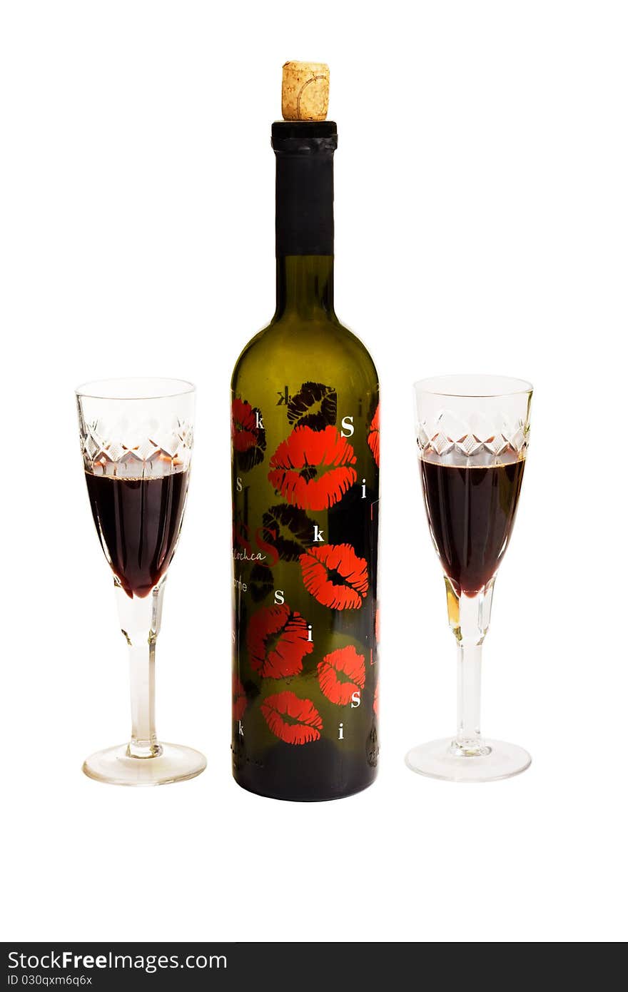 Red wine bottle and glass, isolated on white background