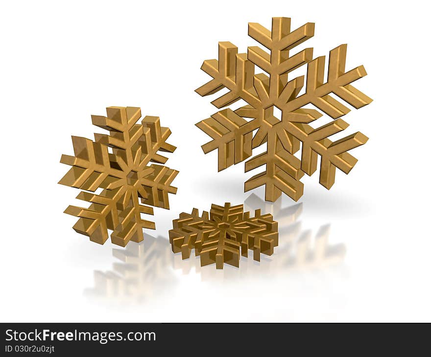 Golden snowflakes on white background with reflections, 3D render. Golden snowflakes on white background with reflections, 3D render