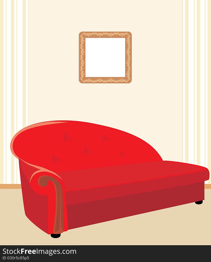 Red stylish sofa. Fragment of room. Illustration