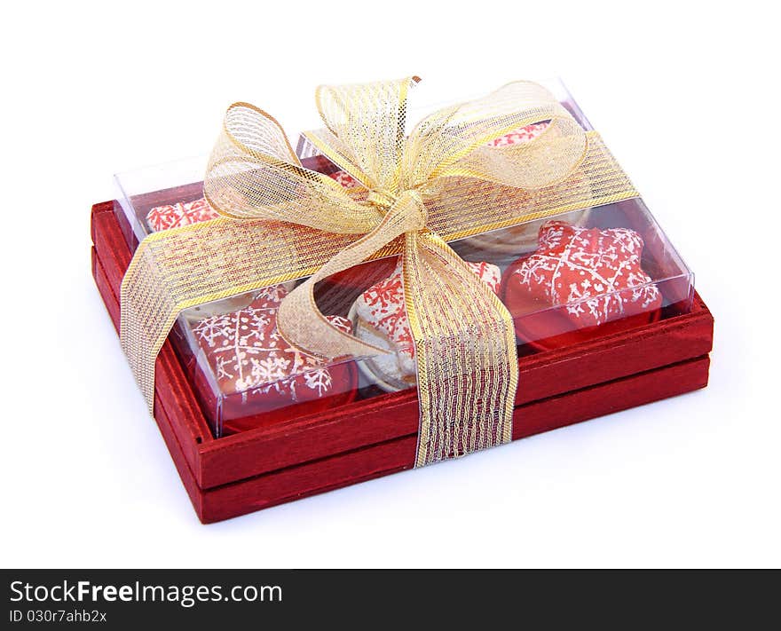 Red wooden box with candles