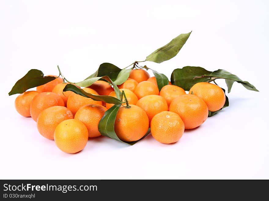 Mandarins, some with leaves, on white background. Mandarins, some with leaves, on white background