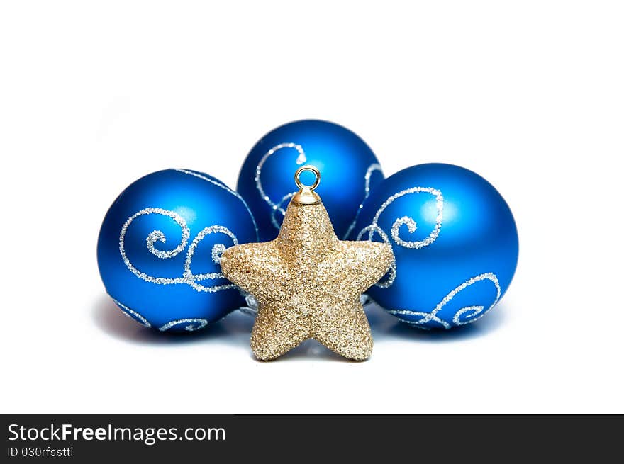 Blue christmas toys for decoration on white background