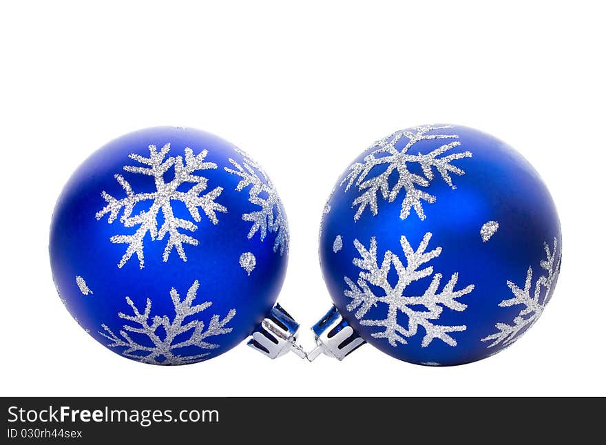 Close-up blue ball with snowflakes, isolated on white