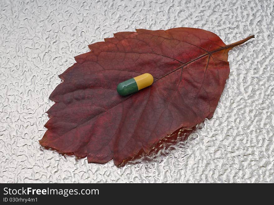 Pill in the middle of a leaf. Pill in the middle of a leaf