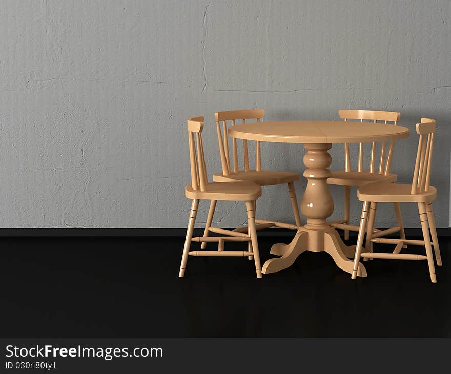 Modern dining room, round wooden table witn four chairs, render/illustration