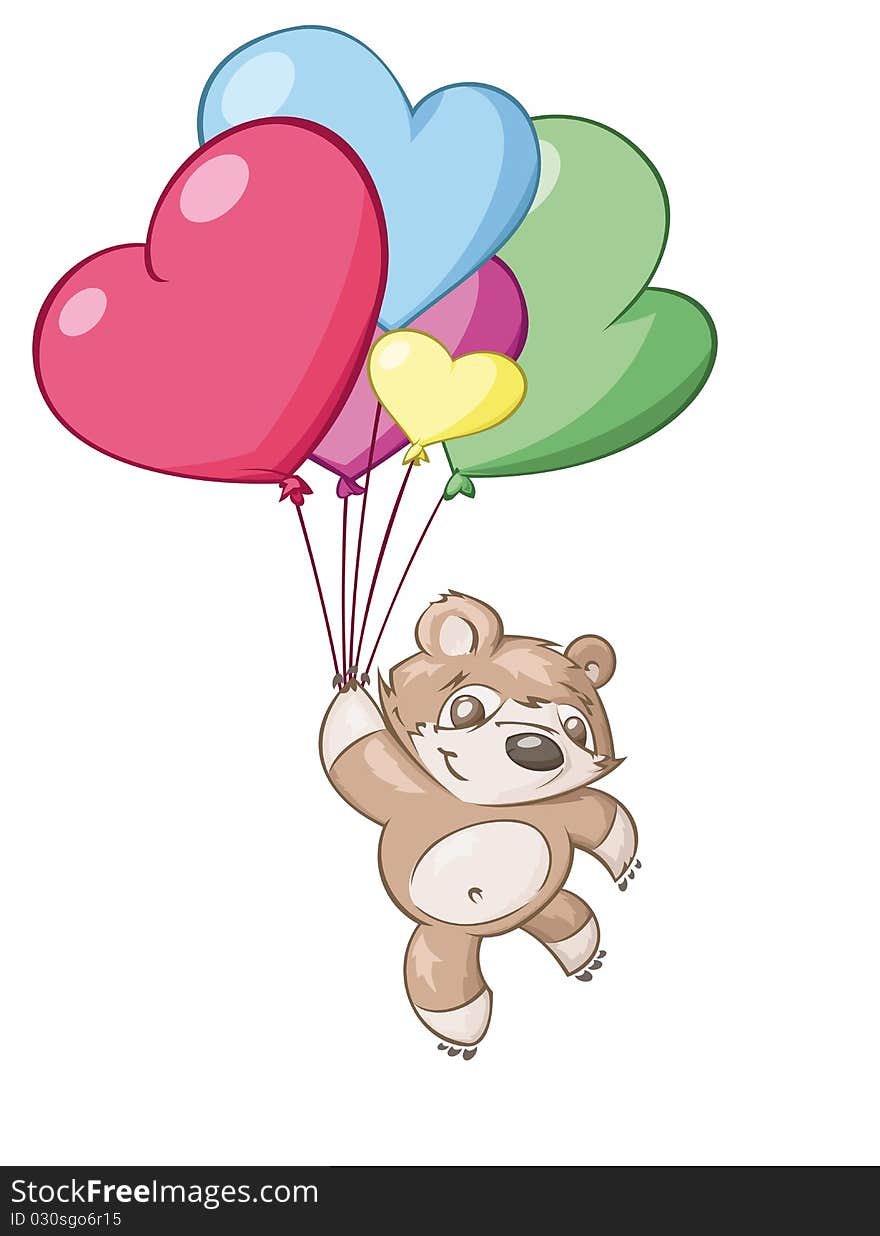 The bear cub flies by balloons in the form of hearts. The bear cub flies by balloons in the form of hearts