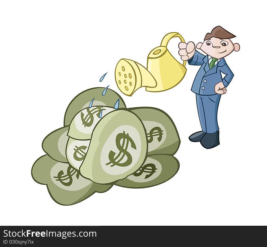 The businessman is watering a cabbage consisting from money. The businessman is watering a cabbage consisting from money