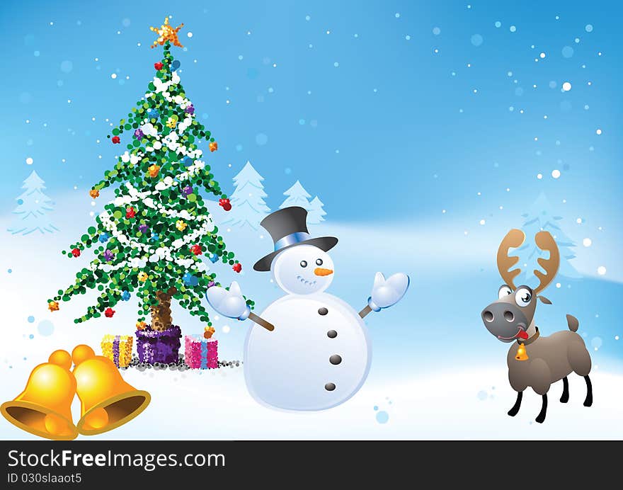 Cute Snowman standing near a Christmas tree. Cute Snowman standing near a Christmas tree