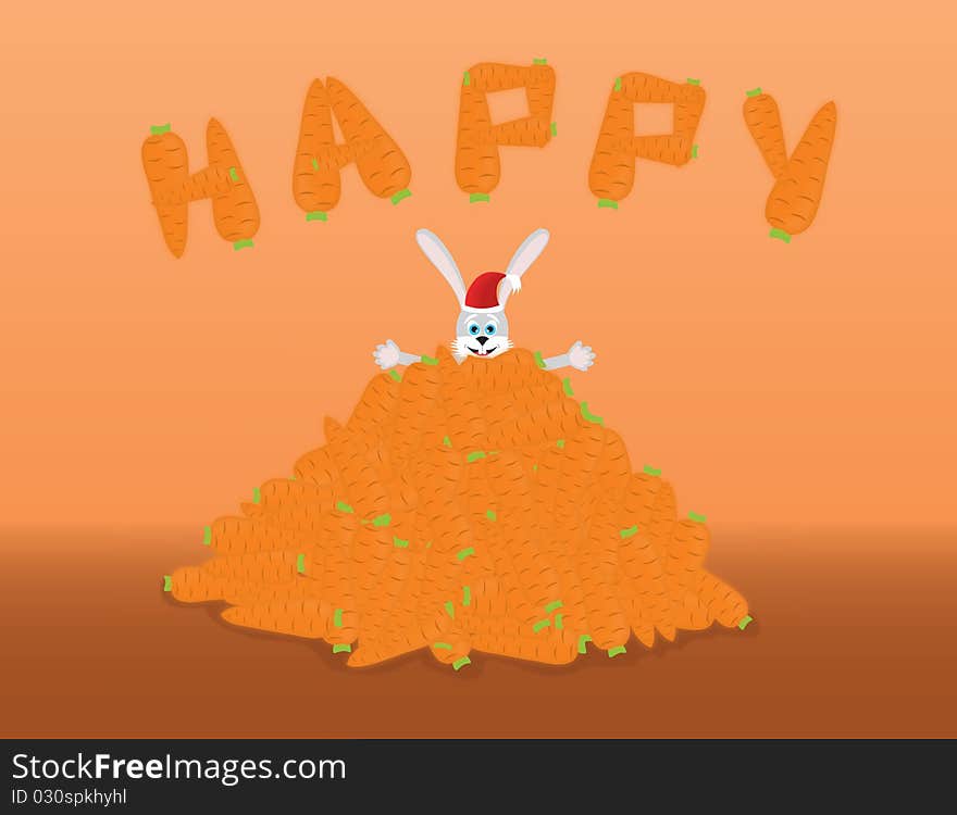 Happy hare on the heap of carrot on an orange background. Happy hare on the heap of carrot on an orange background.