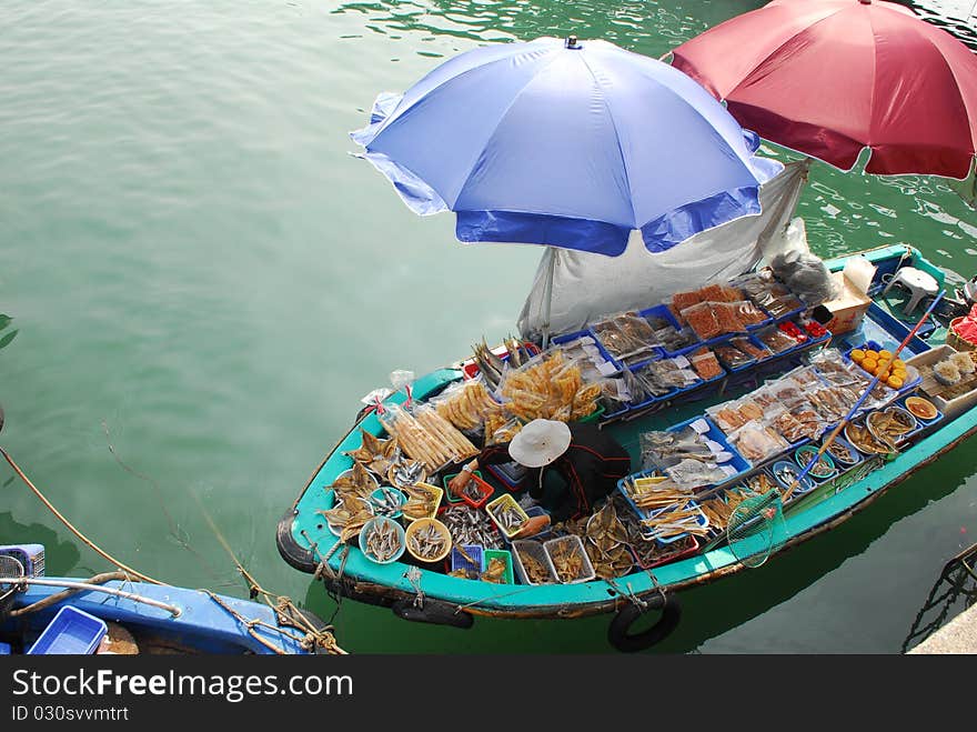 Chinese boat selling seafood stuff