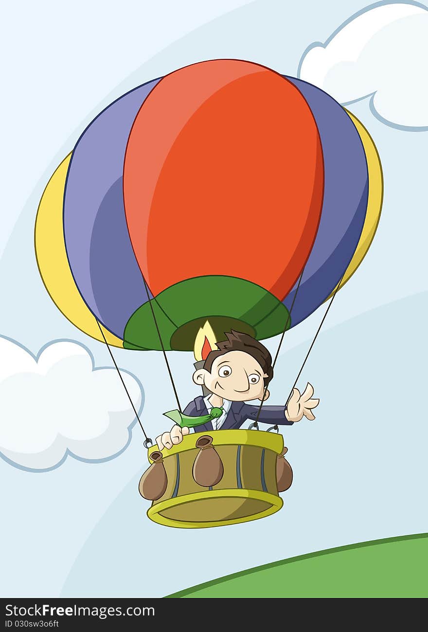 Businessman flights by colorful balloon