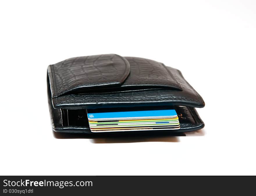 Black purse with credit cards on a white background. Black purse with credit cards on a white background