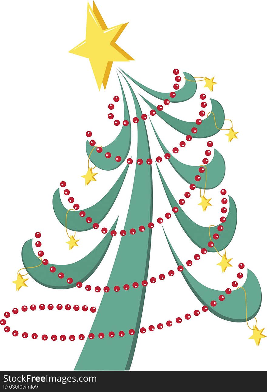 Stylized Christmas tree with yellow stars and red beads