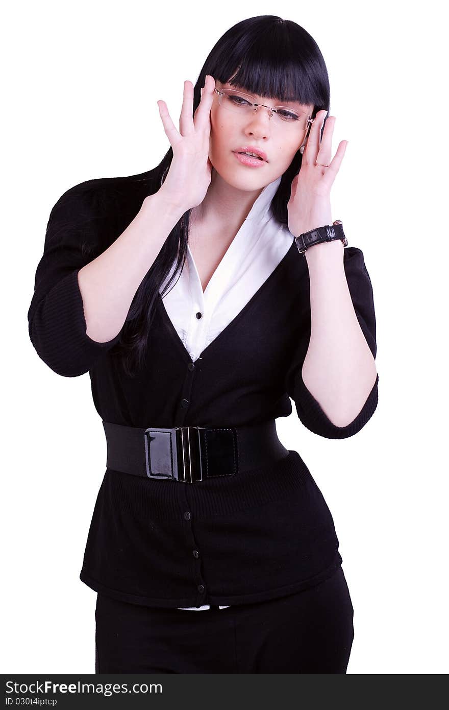 Closeup portrait of a lovely young business woman wearing spectacles isolated on white. Closeup portrait of a lovely young business woman wearing spectacles isolated on white