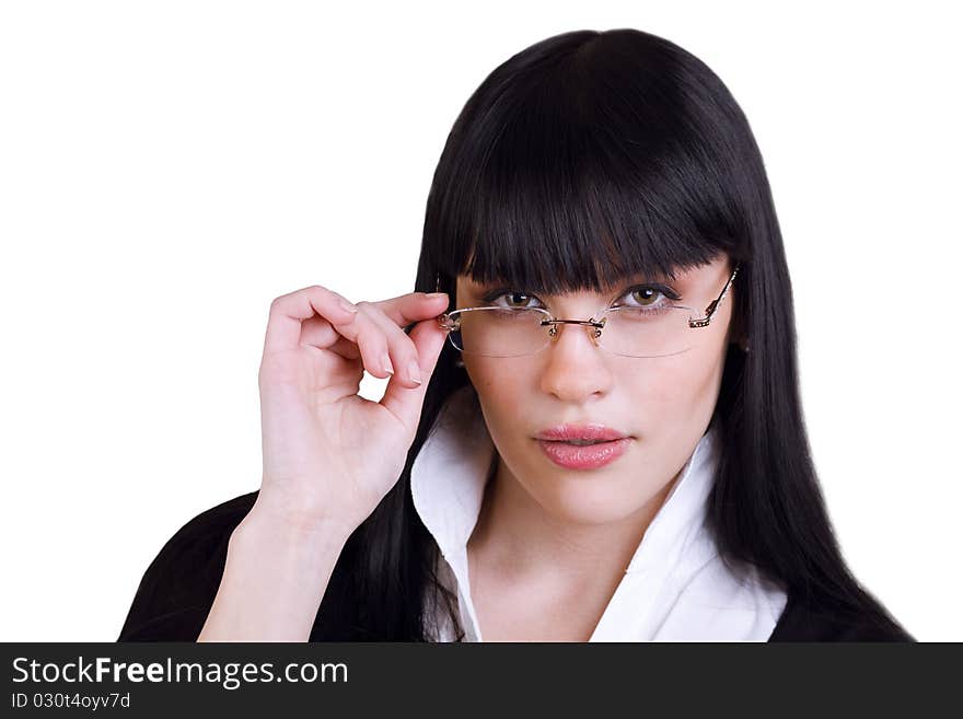 Closeup portrait of a lovely young business woman wearing spectacles isolated on white. Closeup portrait of a lovely young business woman wearing spectacles isolated on white