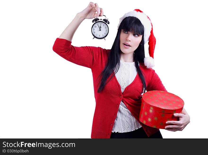 Christmas Girl with gift and  alarm clock on white