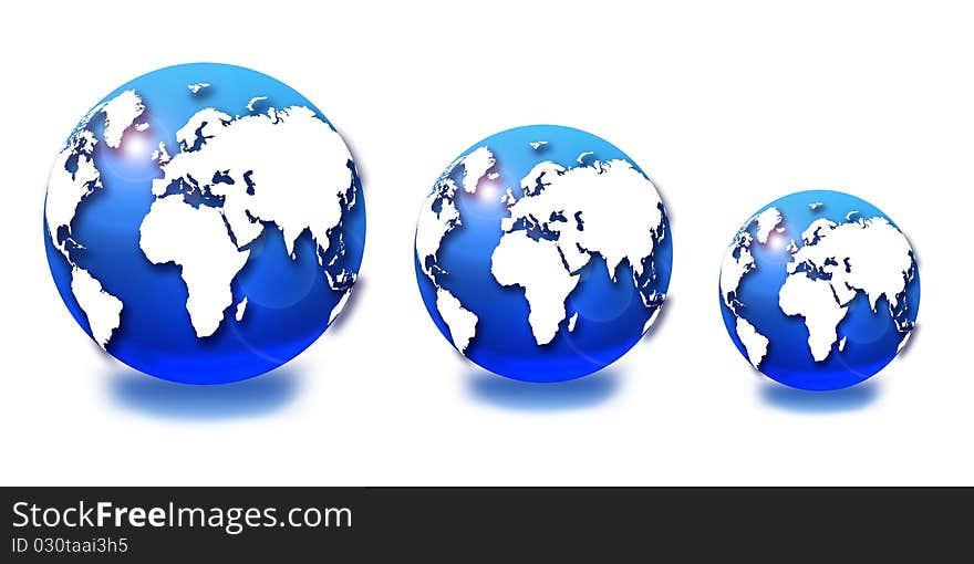 Three 3D blue globes on white background