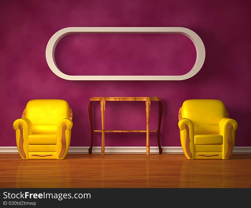 Two chairs with wooden console and bookshef in purple interior. Two chairs with wooden console and bookshef in purple interior