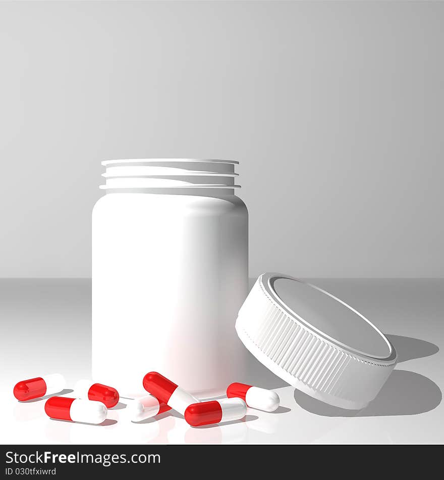 Red and white capsules in front of jar. Red and white capsules in front of jar