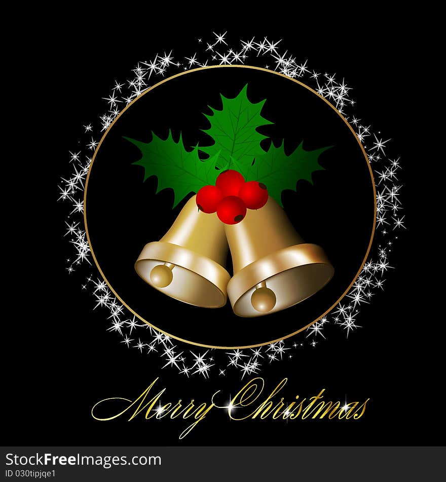 Christmas bells with holly berries on black background. Vector eps10 illustration