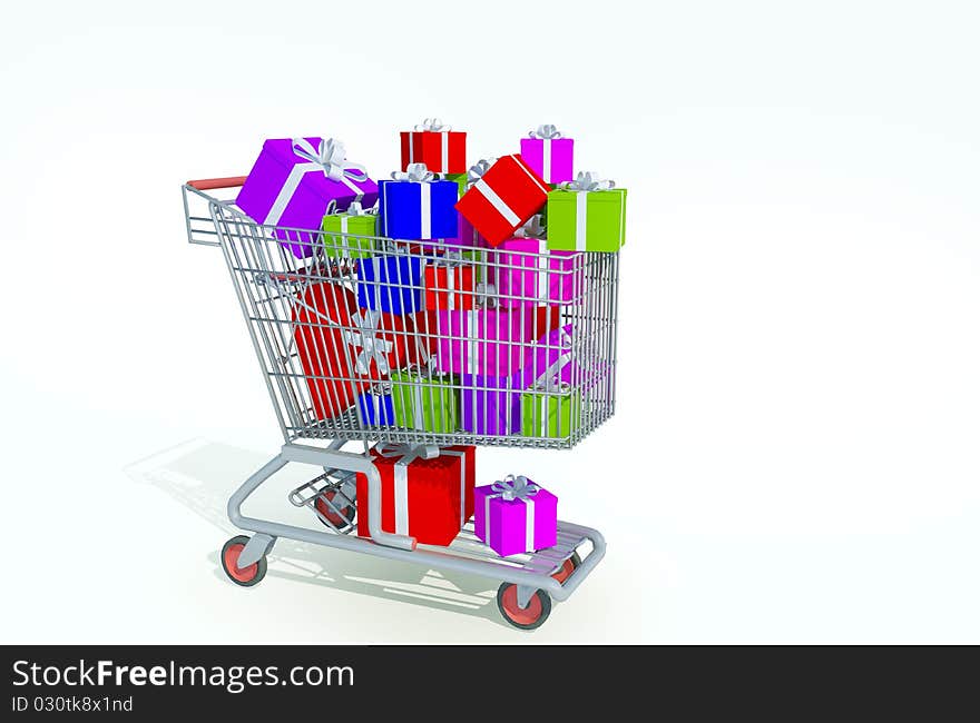Shopping kart filled with different colored giftboxes. Shopping kart filled with different colored giftboxes
