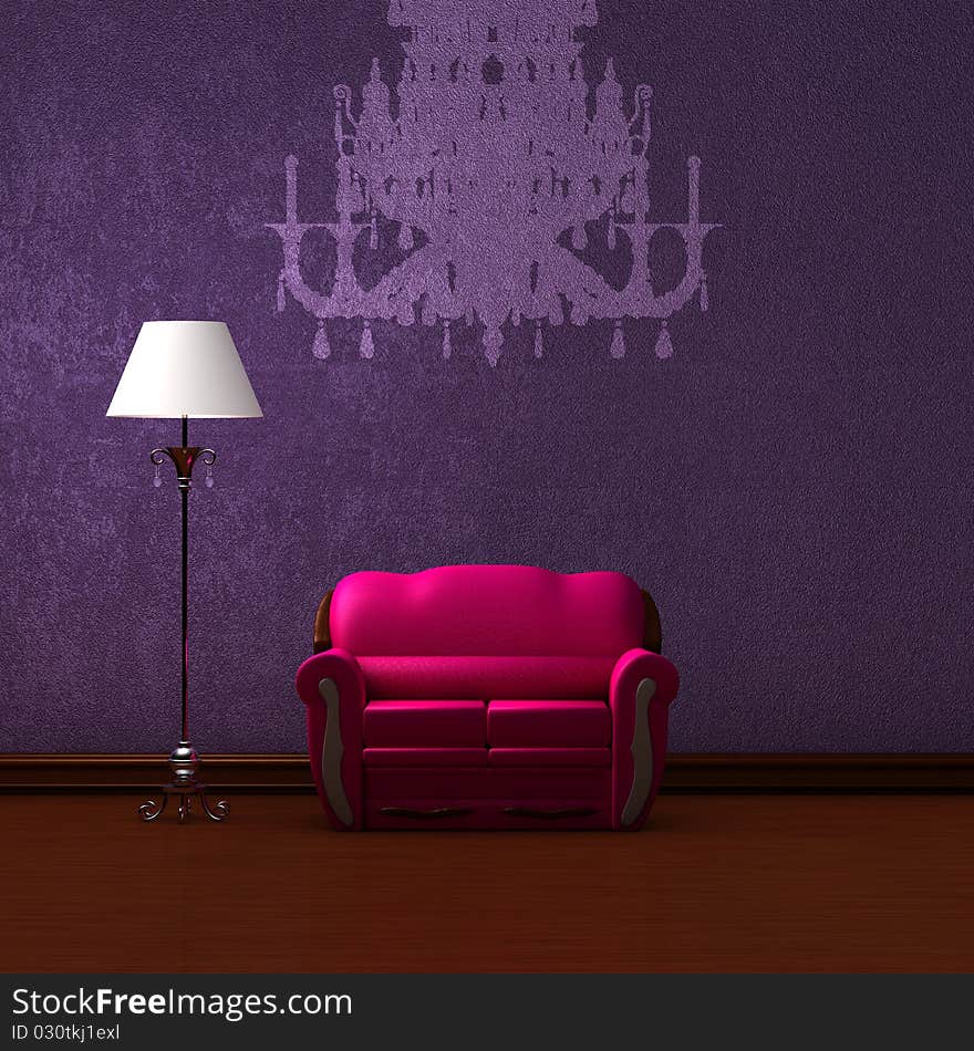 Pink couch and standard lamp with silhouette of chandelier in purple minimalist interior. Pink couch and standard lamp with silhouette of chandelier in purple minimalist interior