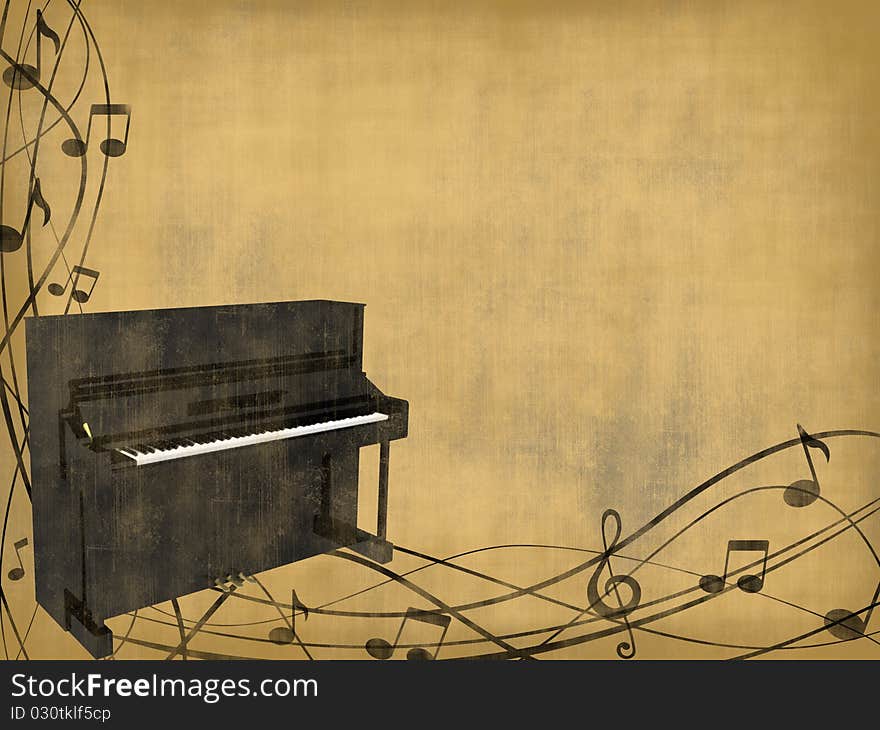 Piano and music notes on a worn background. Piano and music notes on a worn background