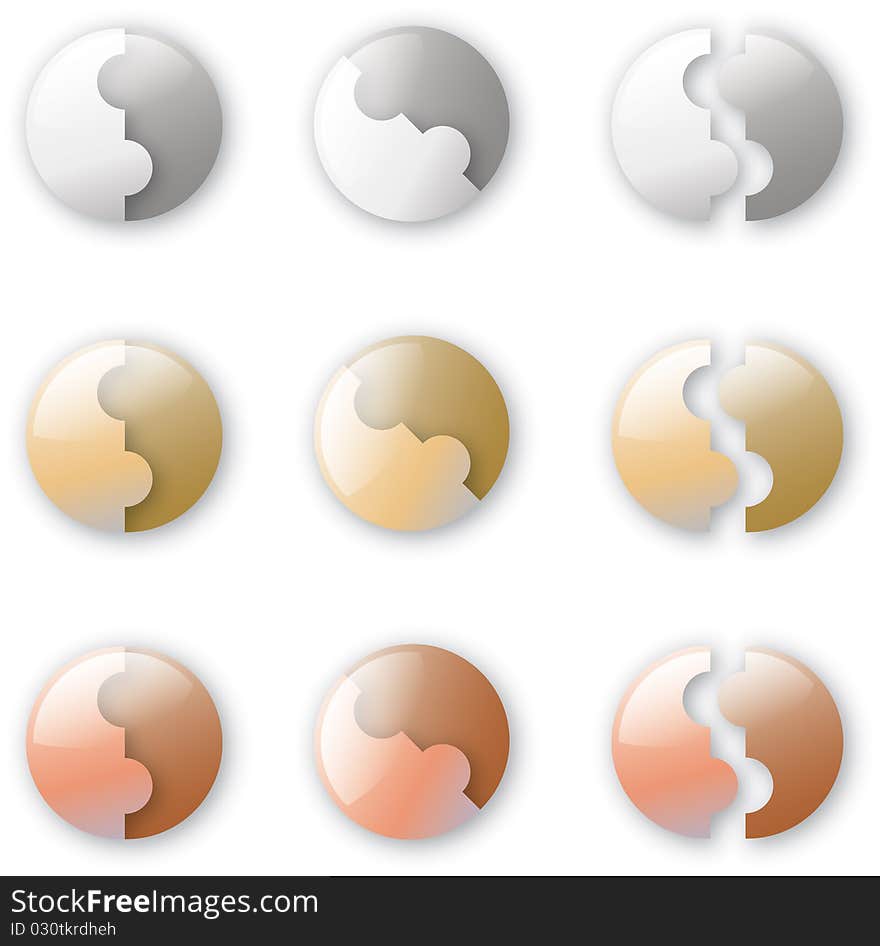 Silver, gold and bronze button-like puzzles on the white background.