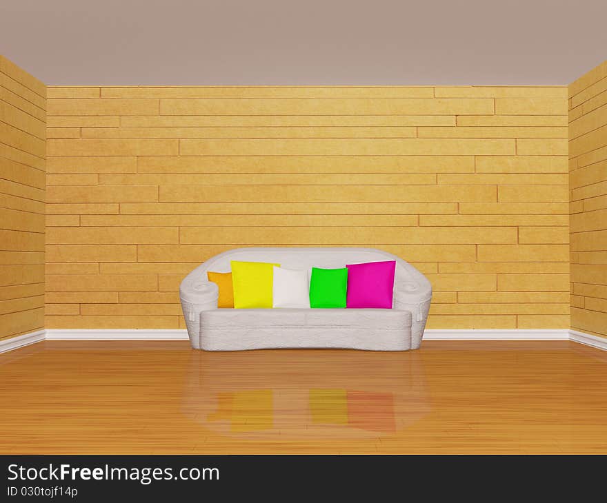 Mosaic room interior with white couch with colored cushion