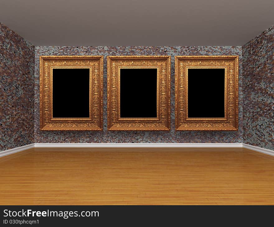 Grunge metallic room with empty frames. Grunge metallic room with empty frames