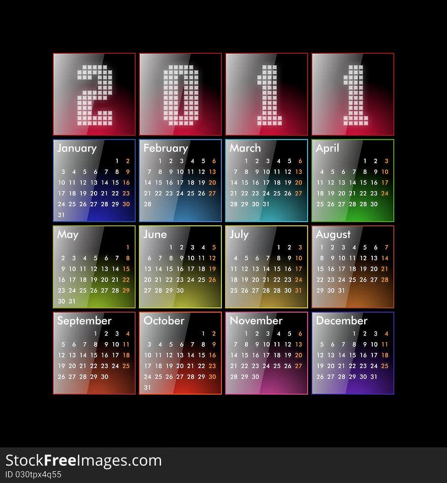 Glossy calendar 2011 in Euro format - week starts Monday