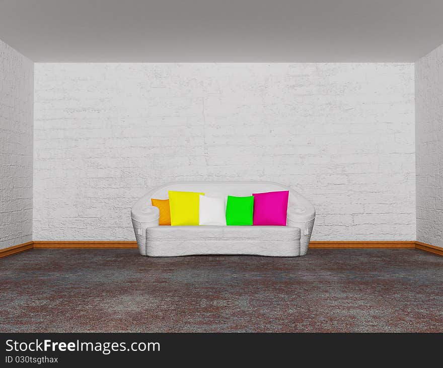 Minimalist living room with white couch with colored cushion