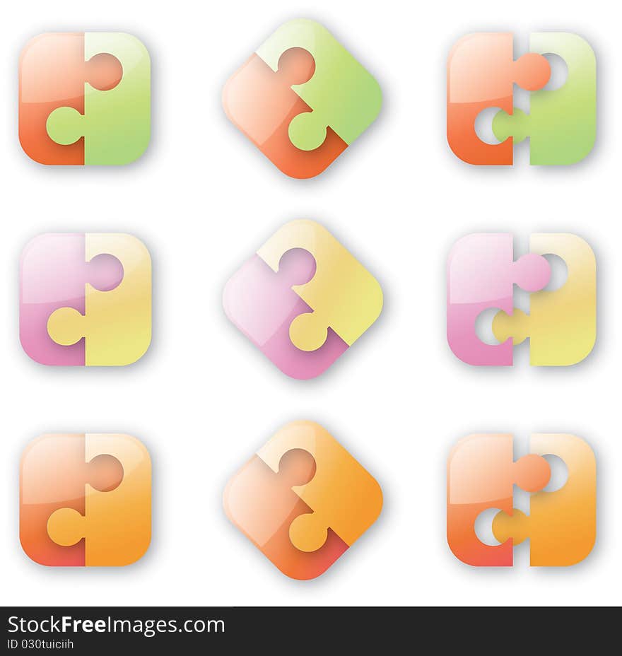 Warm coloured button-like puzzles on the white background