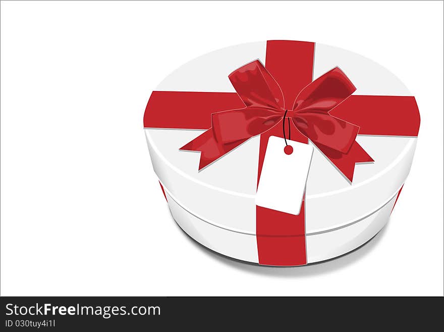 A white gift Box with red bow and a small white invited card