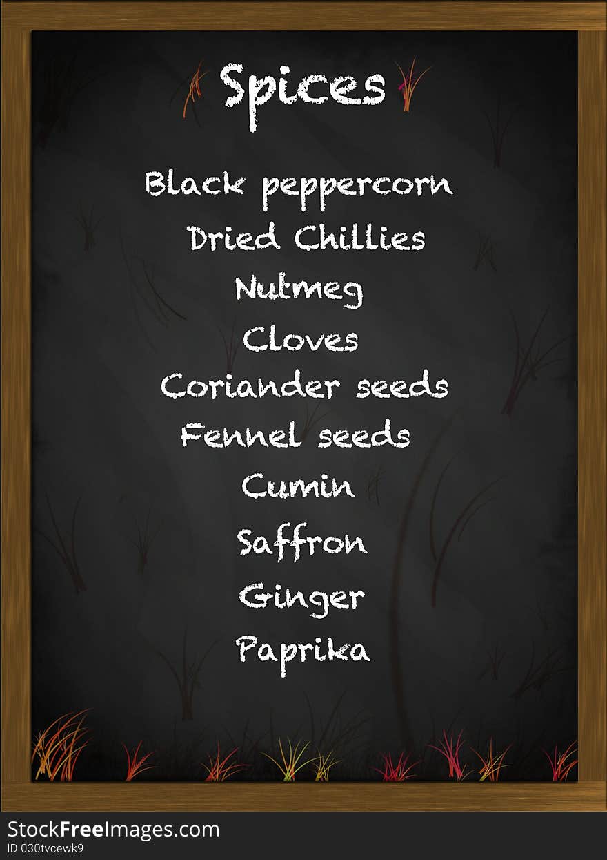 List of spices on a framed blackboard. List of spices on a framed blackboard