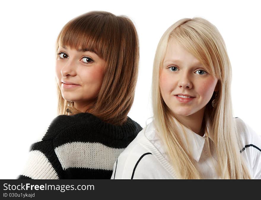 Portrait two beautiful girls in striped cloth on white background. Portrait two beautiful girls in striped cloth on white background