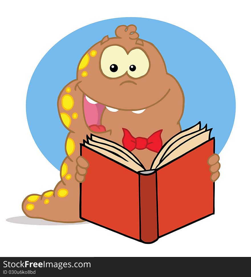 Energetic brown and yellow spotted worm reading a book. Energetic brown and yellow spotted worm reading a book