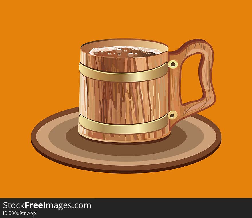 Woody mug of beer. Vector illustration on a orange background