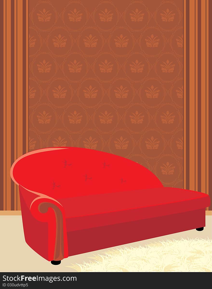 Red sofa and shaggy carpet. Illustration