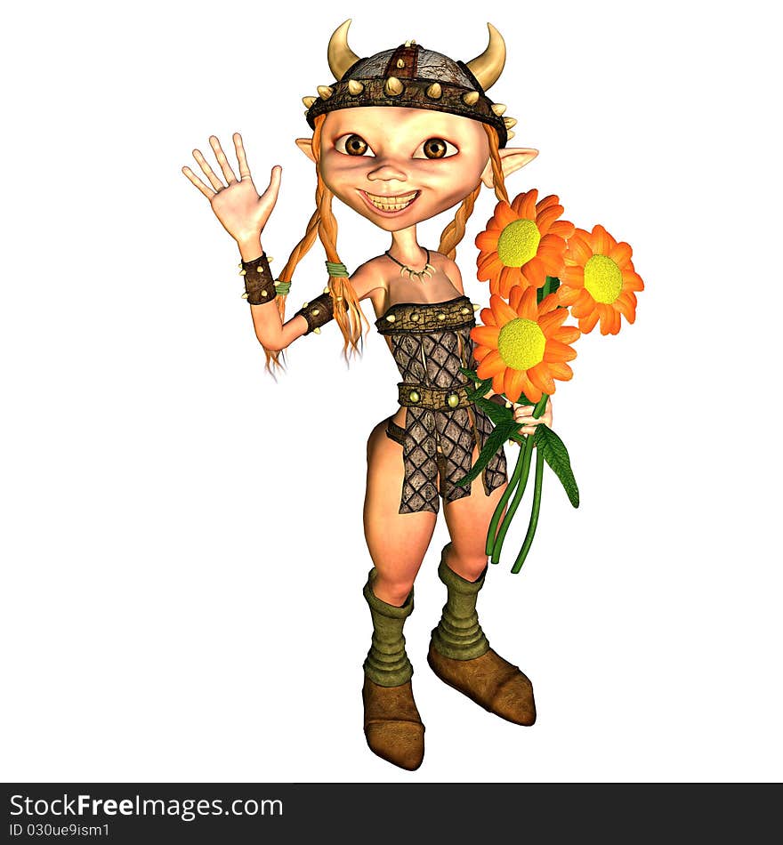 3d rendering Vikings of a girl with flowers in the hand as illustration. 3d rendering Vikings of a girl with flowers in the hand as illustration