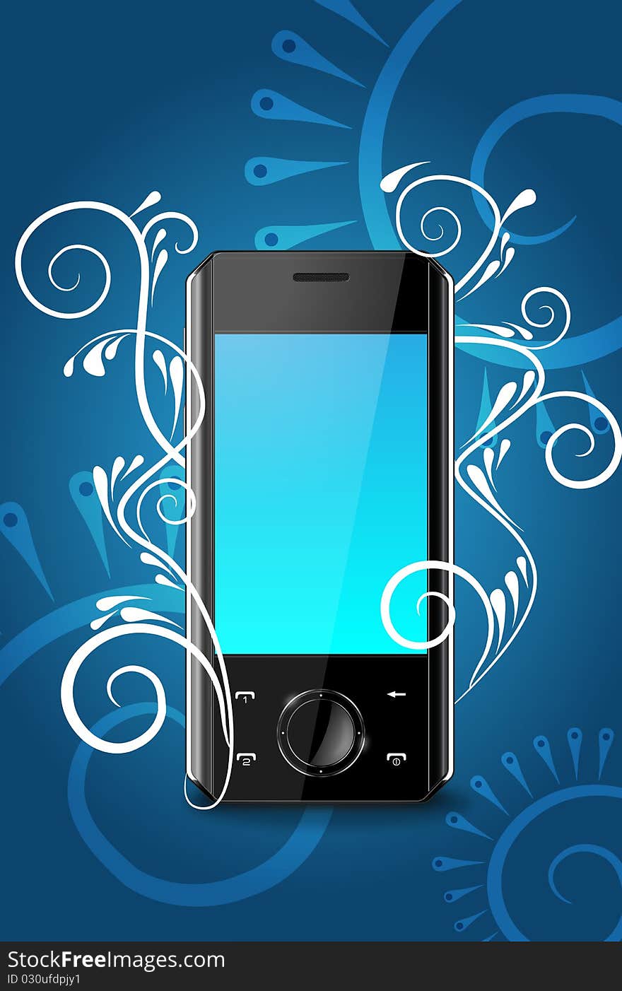 Vector mobile phone on a blue abstract background. Vector mobile phone on a blue abstract background